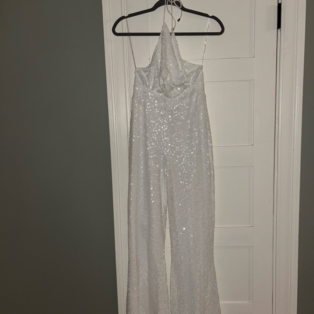 12th Tribe White Sequin Halter Jumpsuit